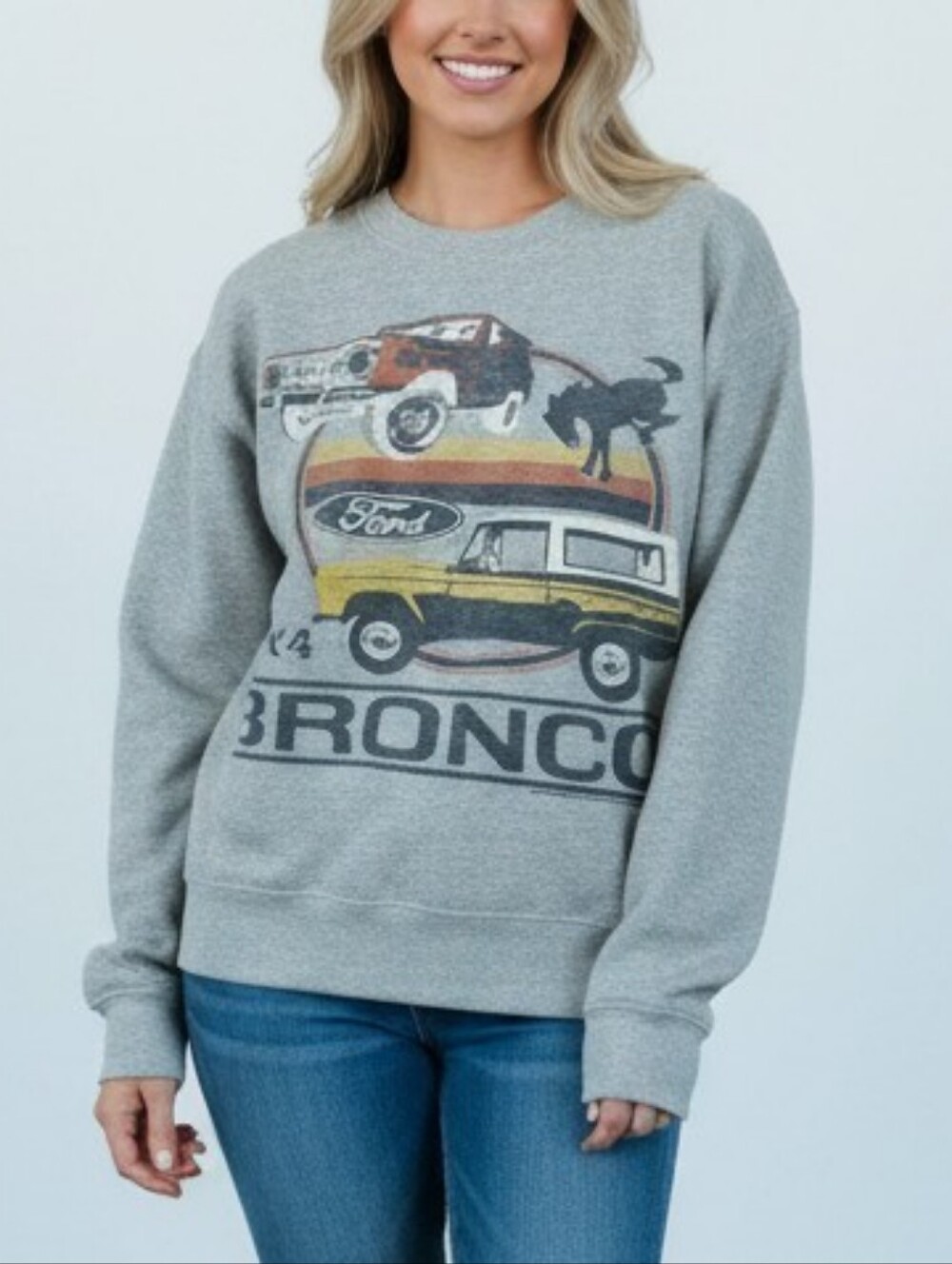 JUNK FOOD XS Heather Gray Ford Bronco Logo Crew Neck Sweatshirt